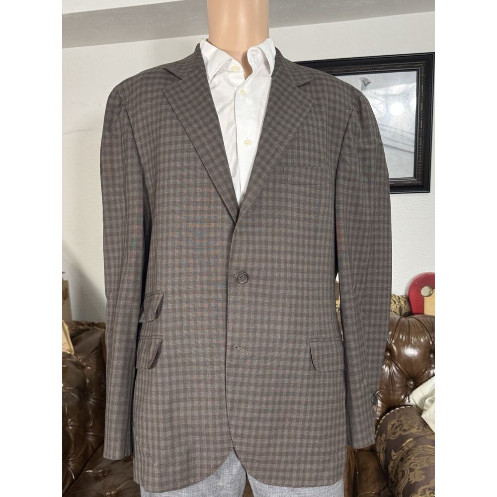 Brunello Cucinelli Brown Wool Mohair Silk Blazer Sportcoat Brown Plaid 54/44